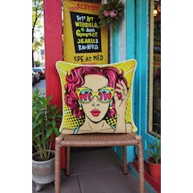 Kırlent Kılıfı Pop Art Figür Desenli 45x45 Raşel Örme Kadife Çift Taraflı Dijital Baskı Beyaz Biyeli Çok Renkli