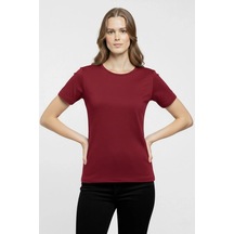 Assema Kadın Bisiklet Yaka Slim Fit Likralı Tişört - Bordo Çok Renkli