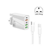 65w Çift Pd Tip-c + 3 X Usb Çok Portlu Şarj Cihazı 3a Tip-c Tip-c Veri Kablosu İle, İngiltere Fişi Beyaz Beyaz