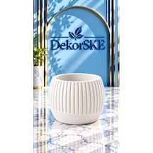 Dekorske - Taş Tozu Çizgili Saksı, Sukulentlik Ve Mumluk - 7,5x10 Cm - El Yapımı Dekoratif Mini Saksı Ve Çok Amaçlı Ev Dekoru Beyaz
