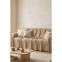 İskandinav Dokulu Pamuklu Saçaklı Koltuk Örtüsü Ve Koltuk Şalı Kaymaz Terletmez 180x300 Cm Bej