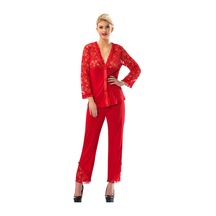 Sistina Bayan Kırmızı Dantelli Penye Uzun Kol Pijama Takımı 1570 Kırmızı