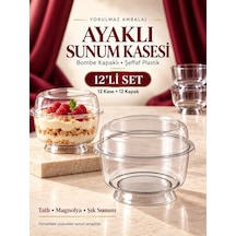 Ayaklı Bombe Kapaklı Kase 12 Li Şeffaf Plastik Tatlı, Magnolya Ve Puding Sunum Kabı