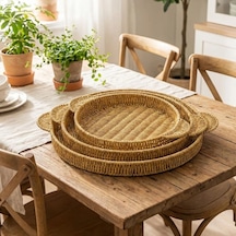 İç İçe Geçebilen 3 Lü Yuvarlak Plastik Rattan Tepsi Seti-hasır Görünümlü Çok Amaçlı Servis Ve Sunum Tepsileri Bx40 Çok Renkli