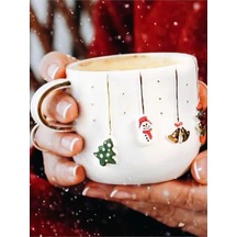 Celine's Wonders Kabartmalı 24 Ayar Altın Dekorlu El Yapımı Kupa 300 Ml Yılbaşı Kupa Christmas Mug Yılbaşı Fincan 1 Adet Beyaz - Çok Renkli