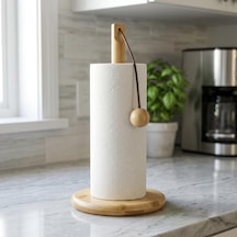 Doğal Bambu Bohem Top Tutacaklı Kağıt Havluluk - Dekoratif Ahşap Stand 30x14 Cm, Kahve Ve Bambu Renk Seçenekli, 1 Adet Doğal Diğer