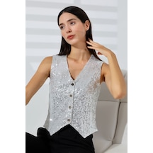 Mois Atelier Beyaz Pul Payetli Çıt Çıt Kapama V Yaka Yelek Tasarım Hediye Büyük Beden Beyaz