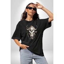 Bizon İnek Kafatası Kurumuş Pamuklu Bisiklet Yaka Unisex Oversize Boyfriend Dijital Baskılı Siyah T-shirt Siyah