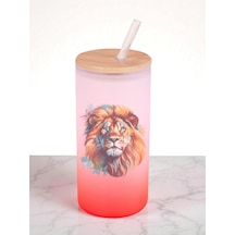 Modern Aslan Baskılı 600 Ml Cam Matara- Su Matarası, Suluk Matara, Cam Pipetli Matara Kırmızı