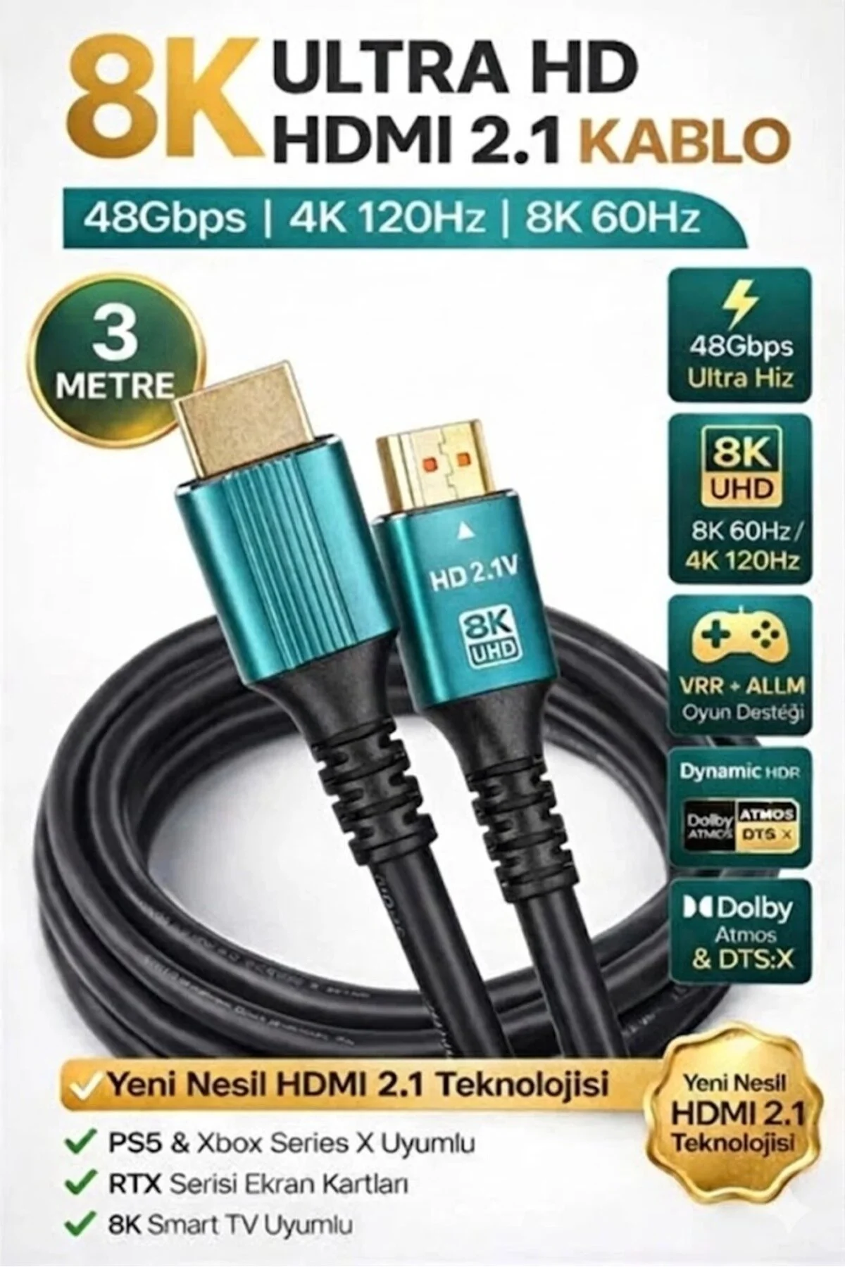 8k 3 Metre Ultra Yüksek Hızlı Hdmı 2.1 Kablo 8k Uhd 4k 120hz 48gbps Hdtv/ Pc/ Dizüstü Bilgisayar Ve Oyun Konsolları İçin 3 Hdmı Kablosu 001