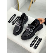 Siyah Rugan (Fabio) Üç Tokalı Kadın Loafer Siyah