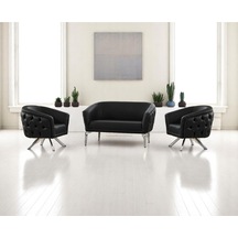 Asel Siyah Deri Kapitoneli Metal Krom Gümüş Silver Çapraz Ayaklı Ofis Koltuk Takımı Siyah