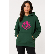 Herkesemoda Jesus Love Baskılı Kapüşonlu 2 İplik Şardonlu Sweatshirt Mavi
