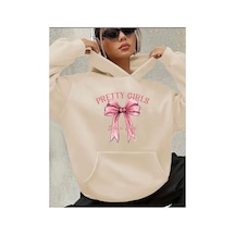 Herkesemoda Pertty Gırls Yazı Detay Baskılı İçi Polarlı Kapüşonlu Sweatshirt Bej