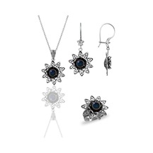 Gümüş Safir Taşlı Nilüfer Modeli Telkari İşlemeli Kolye Küpe Ve Yüzük Üçlü Set Gümüş Safir Taşlı Nilüfer Modeli Telkari İşlemeli Kolye Küpe Ve Yüzük Üçlü Set