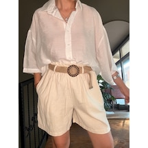 Ali Butik Krem Hasır Kemerli Keten Şort
