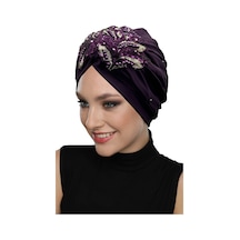 Kopma Astarlı İşlemeli Mor Payetli Yaprak Motifli Hazır Türban Tesettür Abiye Bone Mor