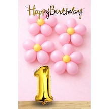 1 Yaş Pembe Sarı Papatya Temalı Gold Rakam Gold Happy Birthday Banner Doğum Günü Süsleme Altın - Pembe
