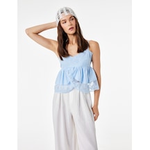 Koton Pamuklu Kruvaze Yaka Kolsuz Dantel Detaylı Crop Top Mavi 6sal60062ıw