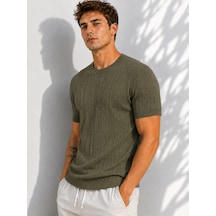 Ribana Erkek Bisiklet Yaka Kısa Kollu Esnek Örme Triko T-shirt 26091 Haki
