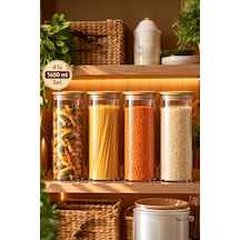 Porsima 3-4 Bambu Borosilikat Vakumlu Kapaklı Yuvarlak Cam 4lü Kavanoz Seti Saklama Kabı 1650ml 10x25cm