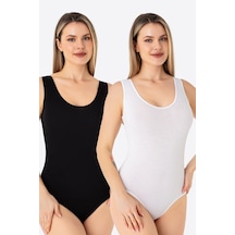 Arma Yıldız Beyaz - Siyah 2'li Kadın Çıtçıtlı Atlet / Body Kalın Askılı Pamuklu Likralı Renkli