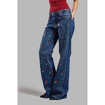 Itsbasic Kadın Kot Rengi T2w48 Çiçek Baskılı Parlak Taşlı Loose Fit Tasarım Denim Jean Kot Rengi Çiçek Baskılı