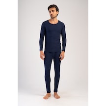 Yake Store Erkek Comfort Kayık Yaka Uzun Kol Iclık Takım - Navy Blue Lacivert