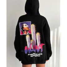 Kadın Oversize Kapüşonlu Cepli Want Baskılı 3 İplik Pamuklu Hoodie Sweatshirt - Siyah