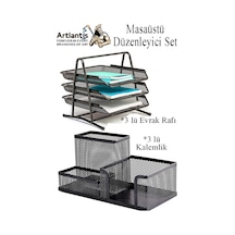 Masaüstü Evrak Rafı Ve Metal Kalemlik Seti 3 Lü Kombo 1 Paket Fileli Perfore Siyah Kalemlik Ataşlık Notluk Düzenleyici