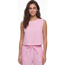 Onloox Kadın Şeker Pembe Şeker Pembe Pamuklu Keten Dokulu Bisiklet Yaka Kolsuz Kısa Form Bel Üstü Crop Bluz