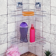 Banyo Köşe Rafı Kendinden Yapışkanlı 2 Katlı Kancalı Easyfix Gri