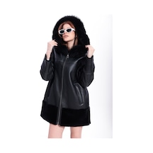 M M Marki Marki Kadın Hakiki Deri Kaban, İçi Kürklü, 85 Cm, Kapüşonlu, Oversize, Siyah Kışlık - 120222