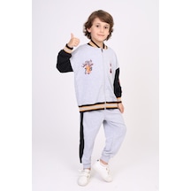Toontoy Kids Toontoy Erkek Çocuk 2'li Takım Baskılı Kolej Yaka Fermuarlı Sweatshirt & Beli Paçası Lastikli Jogger Eşofman Altı - Renk Bloklu & 2 İplik Siyah