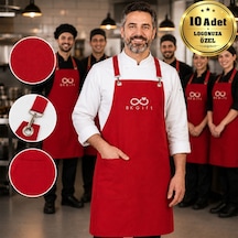 Logonuza Özel 10 Adet Kırmızı Profesyonel Mutfak Önlüğü - Su İticili Pamuk Kumaş Şef Önlüğü