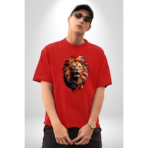 Renkli Kaplan Kükrüyor Pamuklu Bisiklet Yaka Unisex Oversize Boyfriend Dijital Baskılı Kırmızı T-shirt Kırmızı