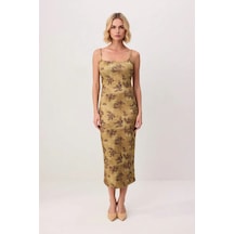 Benerly Kadın İnce Askılı Kare Yaka Çiçek Desenli Bodycon Midi Esnek Örme Yeşil