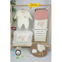 Gros Shop Müslin Yeni Doğan 4katlı Organik %100pamuk Kişiye Özgü Nakışlı Hastane Çıkış Seti Papatya Model-7 Ekru-1