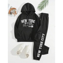 Siyah New York Team Baskılı Kapüşonlu Sweatshirt Ve Eşofman Altı Eşofman Takımı Siyah