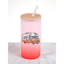 Karavan Temalı Baskılı 600 Ml Cam Matara- Su Matarası, Suluk Matara, Cam Pipetli Matara Kırmızı