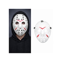 Beyaz - 140 - Renk Kırmızı Çizgili Tam Yüz Hokey Jason Maskesi - Edntrend - Hannibal Maskesi