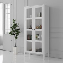 Venezia Cam Kapaklı Ahşap Ayaklı Çok Amaçlı Dolap, Vitrin, Erzak Dolabı - Minifiks - Wood Beyaz