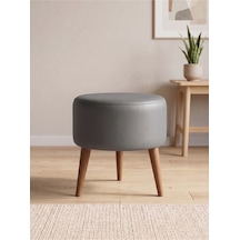 Modern Gri Deri Puf Tabure Ahşap Ceviz Ayaklı Yuvarlak Puf 40x42 Cm