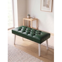 Modern Kapitoneli Yeşil Deri Kumaş Bench Puf Oturma Bankı Ahşap Beyaz Ayaklı Demonte 90x45