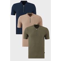 Buratti Pamuklu Regular Fit Yarım Fermuarlı Kolej Yaka 3'Lü Paket Erkek T Shirt 5902653S3 Vizon-Haki-Lacivert