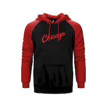 Chicago Yazı Kırmızı Renk Reglan Kol Kapşonlu Sweatshirt Kırmızı