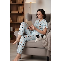 Lela Desenli Kısa Kollu Beli Lastikli Gömlek Yaka Dokuma Regular Fit Bayan Pijama Takımı 6571010 Mint