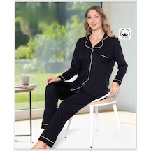 Melodi Kadın %100 Pamuk Önden Düğmeli Uzun Kol Baharlık Pijama Takımı 16219 - 1 Adet Siyah