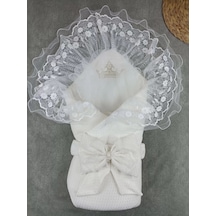 Yenidoğan Kumru Soft Cotton Taç Nakışlı Trilüks Kundak Bebek Battaniyesi Ekru Çok Renkli