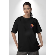 Renkli Yağlı Boya Aslan Siyah Oversize Unisex Ön Sol Yan Minimal Baskılı Tişört Koyu Siyah